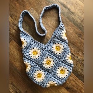 Handmade Crocheted Sky Blue Tweed Daisy Bag